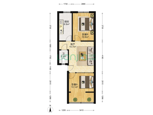 四五一一宿舍 2室1厅1卫 55平方