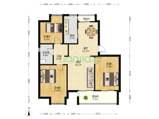 江南现代印象 3室2厅1卫 100平方