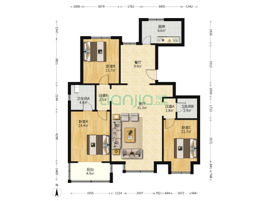 盛和嘉园 3室2厅2卫 139平方