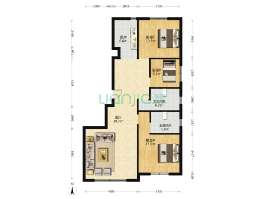 天安华府 3室1厅2卫 117平方