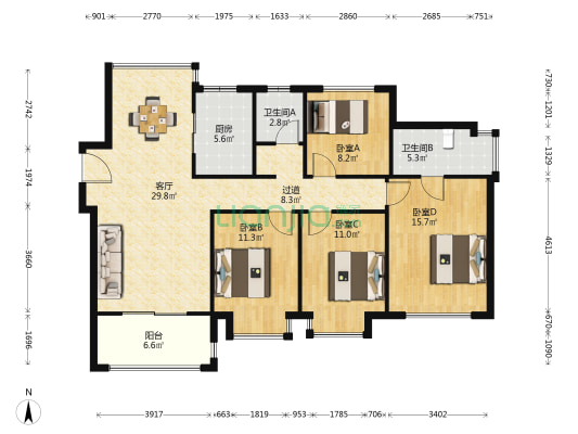 熙悦三期 4室1厅2卫 128平方