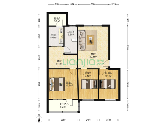 紫晨小区 3室2厅1卫 90平方