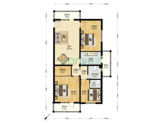 沙子口路50号 3室1厅2卫 120平方
