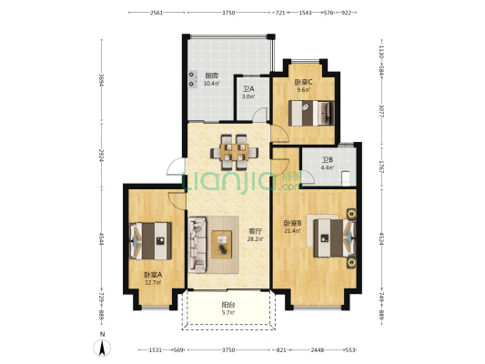港霞新村 3室1厅2卫 108平方