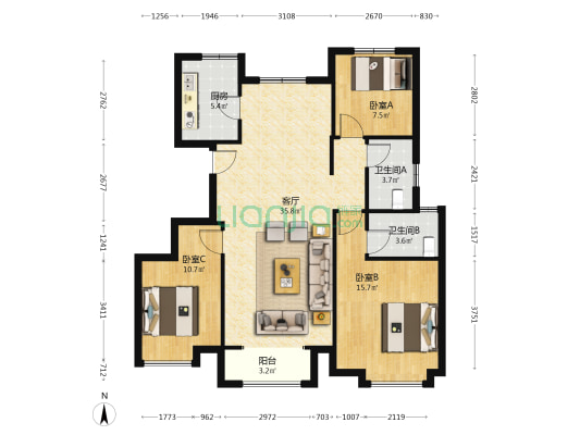 津侨国际小镇 3室1厅2卫 115平方