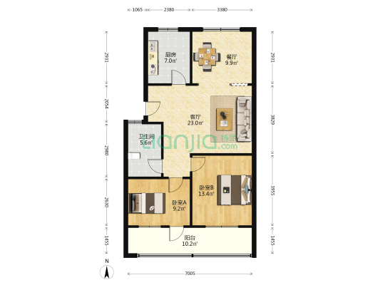园丁园 2室2厅1卫 96平方
