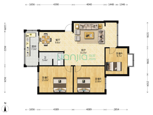 船房小区D区 3室2厅1卫 107平方