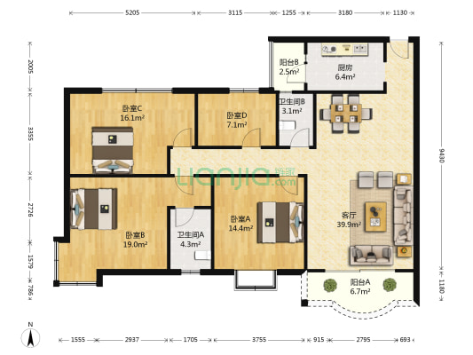 名厦园 4室1厅2卫 141平方