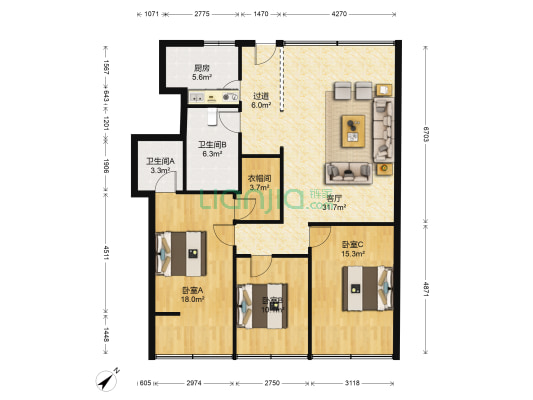 高富生活广场 3室1厅2卫 132平方