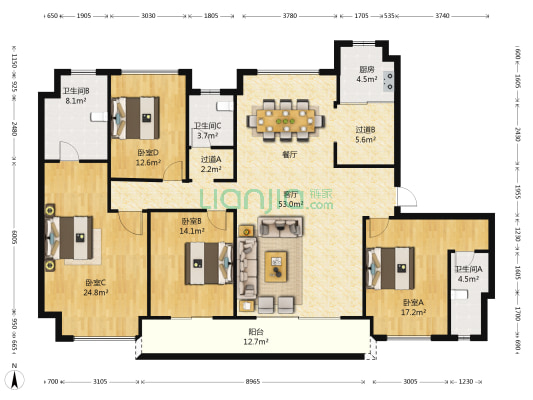 碧桂园珑悦 4室1厅3卫 190平方