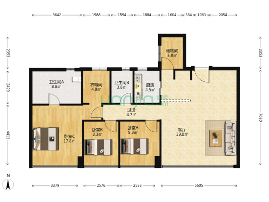 中海观澜府(公寓) 3室1厅2卫 158平方