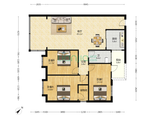 湖滨苑 3室1厅1卫 124平方