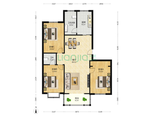 安康花园 3室1厅2卫 130平方