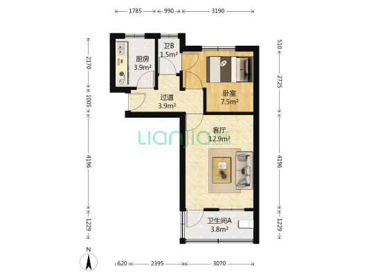 中铁四院宿舍 1室1厅2卫 43平方