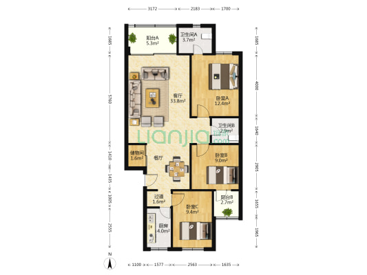 楚祥苑 3室1厅2卫 102平方