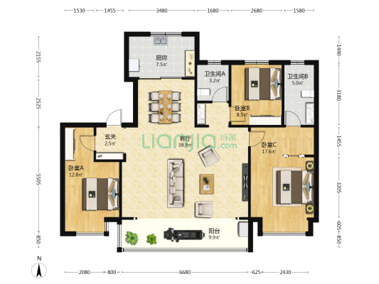 融创玉兰玖园 3室1厅2卫 136平方