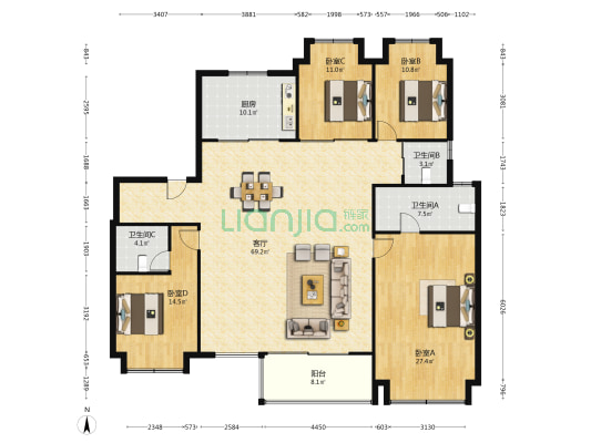 华润虹桥润璟 4室1厅3卫 198平方