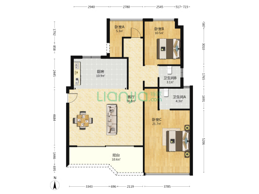洋湖天序 3室1厅2卫 124平方