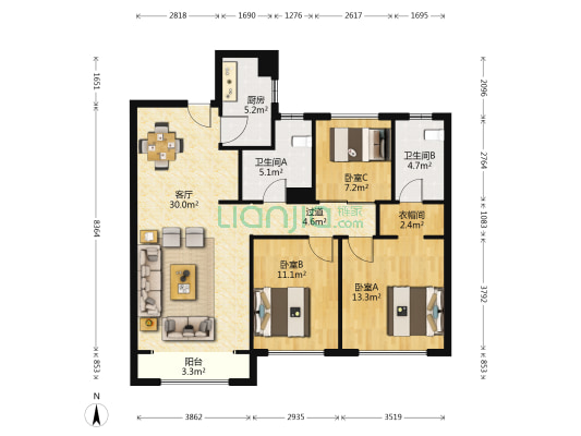 仁恒公园世纪(河西) 3室1厅2卫 127平方
