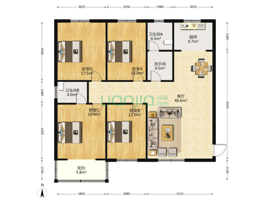 景华小区 4室1厅3卫 174平方