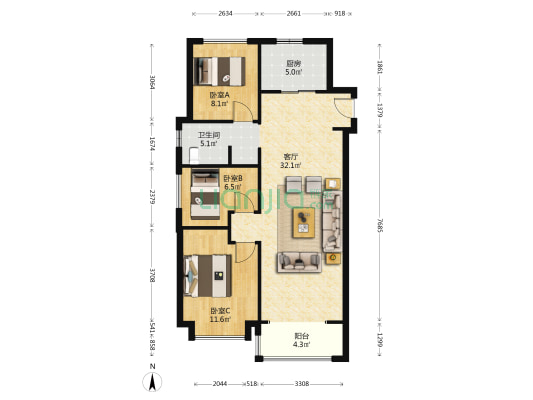 体北鲁能公馆 3室1厅1卫 100平方