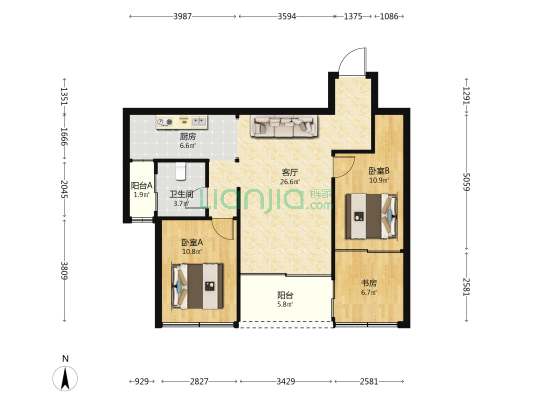 鹏运左岸 3室1厅1卫 83平方