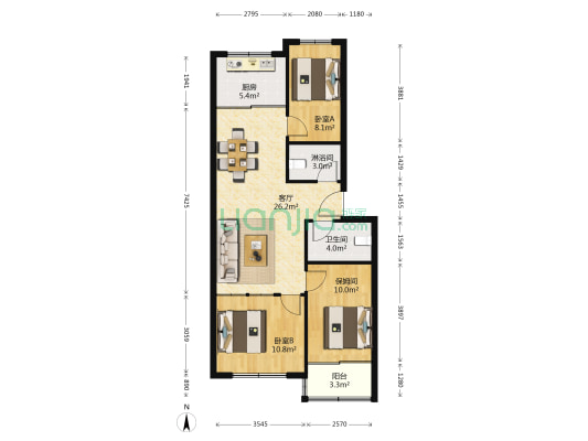 花都小区 2室1厅2卫 90平方
