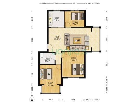 圣帝庄园 3室1厅1卫 93平方