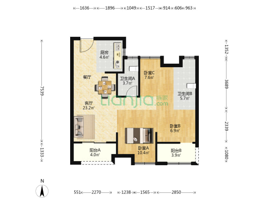 国贸学原一期 3室1厅2卫 87平方