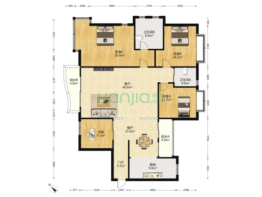 紫荆花园一期 4室2厅2卫 190平方