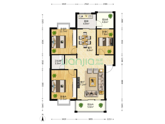 美丽新世界泉印兰亭 3室2厅1卫 103平方