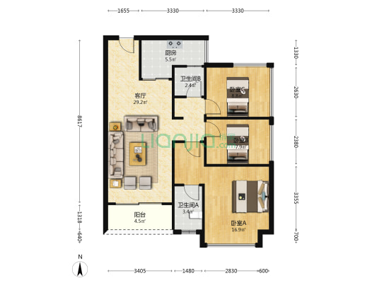 锦悦江南 3室1厅2卫 93平方