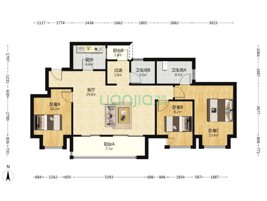 龙湖山前 3室1厅2卫 96平方