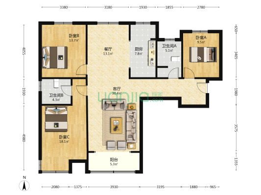 金品时代 3室2厅 南 北-户型图