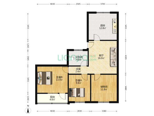 温馨家园 2室1厅1卫 93平方