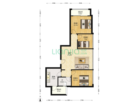保利南海之门 3室1厅1卫 115平方