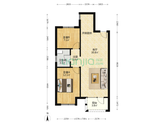 永定河孔雀城唐顿公馆 2室1厅1卫 81平方