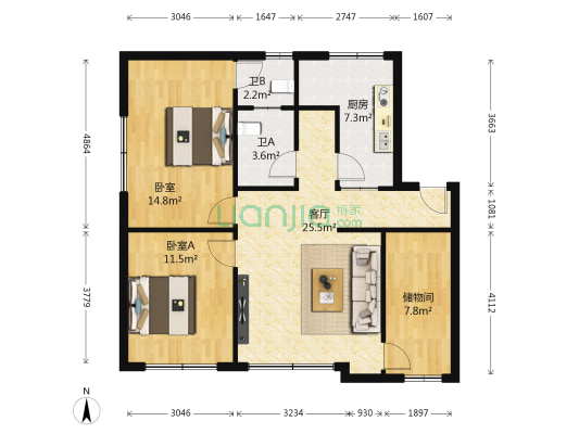交通公寓 2室1厅2卫 94平方
