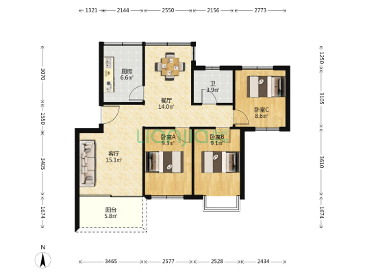 华南理工大学宿舍南秀村 3室2厅1卫 87平方
