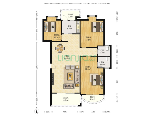 福泰华庭 3室1厅2卫 145平方