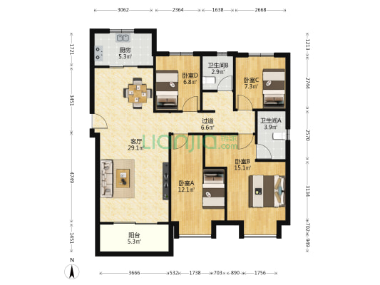万科华生公园大道 4室1厅2卫 133平方