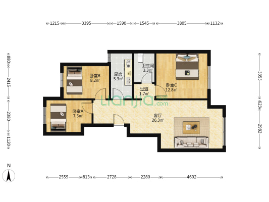 万科金域国际A区清雅苑 3室1厅1卫 89平方
