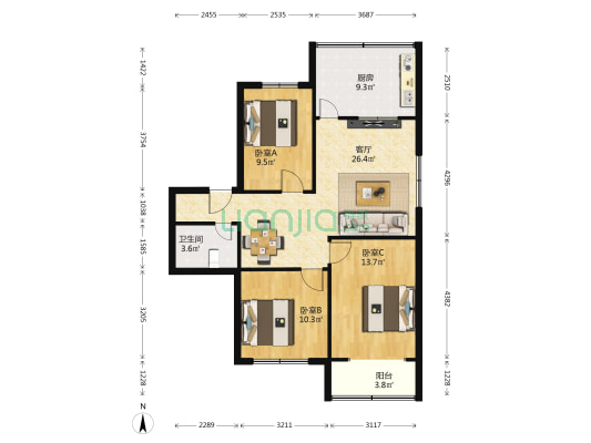 机运小区（红山根东路） 3室1厅1卫 83平方