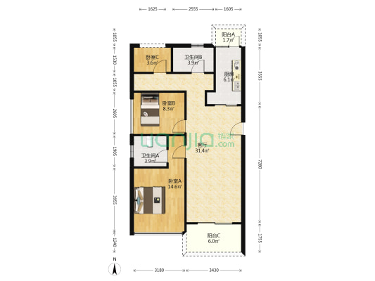 保利阳光城四期 3室1厅2卫 101平方