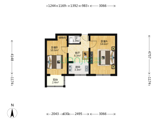 粮食局宿舍 2室1厅1卫 51平方