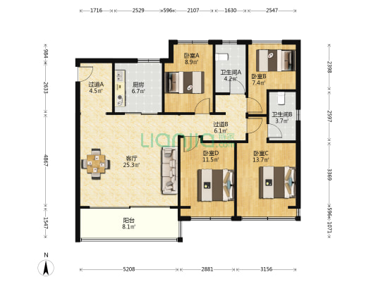 万科锦上和风华苑南区 4室1厅2卫 130平方