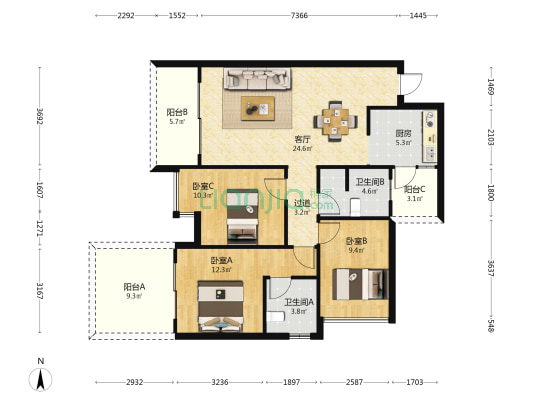 中环阅湖 3室1厅2卫 100平方