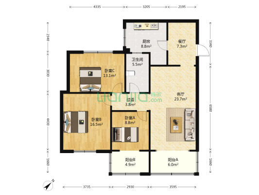 创业街 3室2厅1卫 103平方