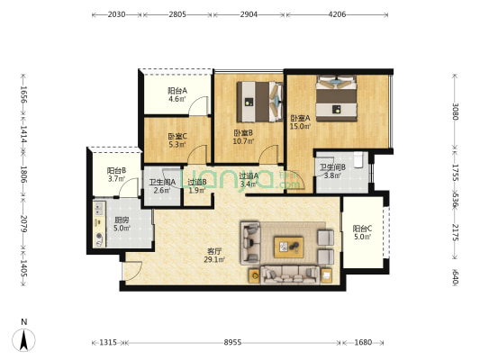 天和悦城 3室1厅2卫 108平方