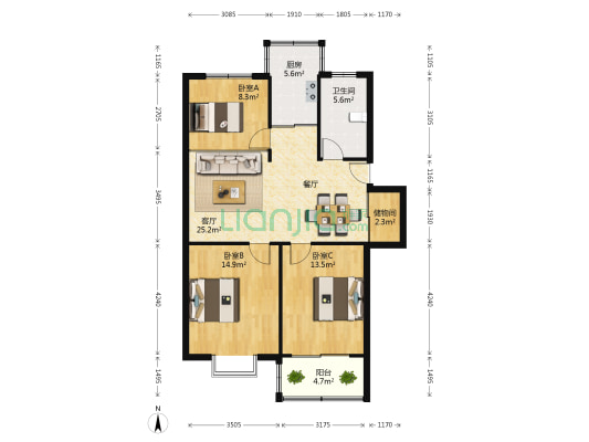 德民花苑北区 3室1厅1卫 97平方
